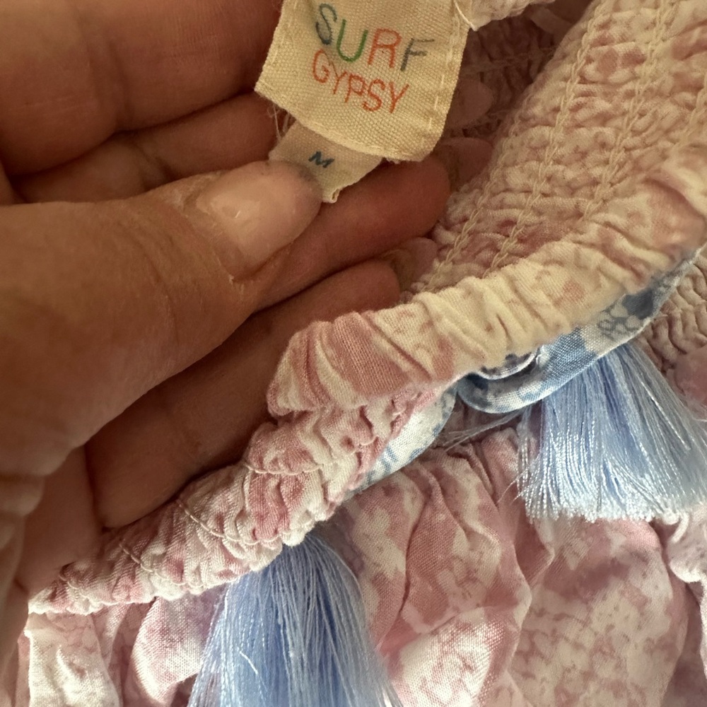 Surf Gypsy Tiered Ruffled Beach blue pink snakeskin smocked coastal mini skirt M - Picture 6 of 11